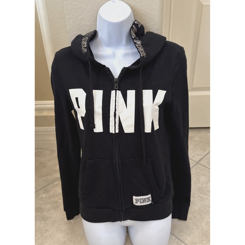 PINK Victoria's Secret Jacket Women's Sz Small Black Hooded Full Zip Knit Casual